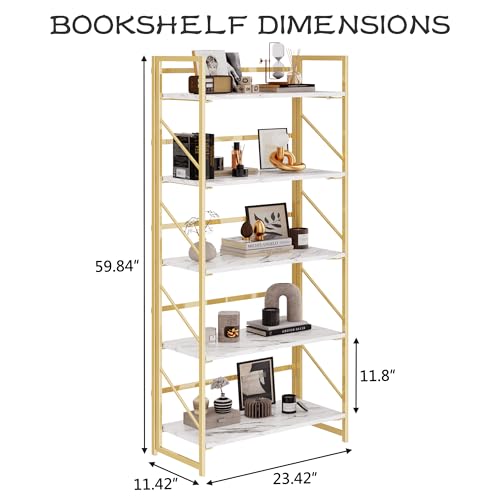 Image of JSB 5 Tier No Assembly Folding Bookshelf, Foldable Storage Bookcase for Home Office, Space-Saving Storage Shelf for Living Room, Bedroom, Office (White&Gold)