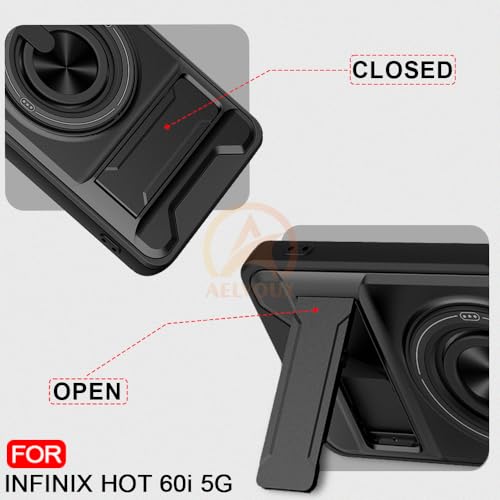 Image of Infinix Hot 60i 5G / Spark Go 5G Back Cover | Armor Camera Slider 360 Degree Rotating Finger Ring Holder Case with Bracket Stand Back Case Cover (Compatible with MagSafe Accessories) (Black)