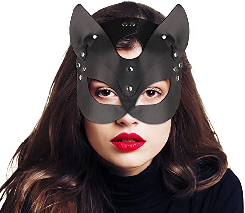 Nincee Ledermasken für Damen Damen Katzenmaske Luxus Leder Bunny Maske Maskerade Halbmaske Cosplay Maske Halloween Karneval Make-up Party Geschenk (Black. Cat) Cover