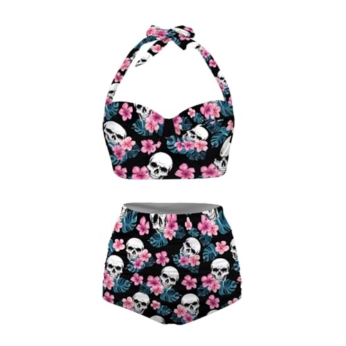 Annejudy Conjunto de bikini de dos piezas para mujer, traje de baño halter fruncido de cintura alta con parte inferior, Esqueleto de flores tropicales, M