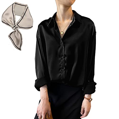 Pantete Womens Satin Silk Button Down Shirt Long Sleeve Casual Office Blouse Top Breathable & Silky Black