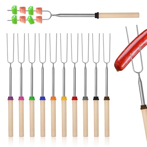 Pmueuff 10 Stück Grillspieße Teleskop Marshmallow, Teleskop Grillspieße, Edelstahl Ausziehbar Grillgabel, Grillstab 31-81cm lagerfeuer spieße lang, mit isolierten Griffen...