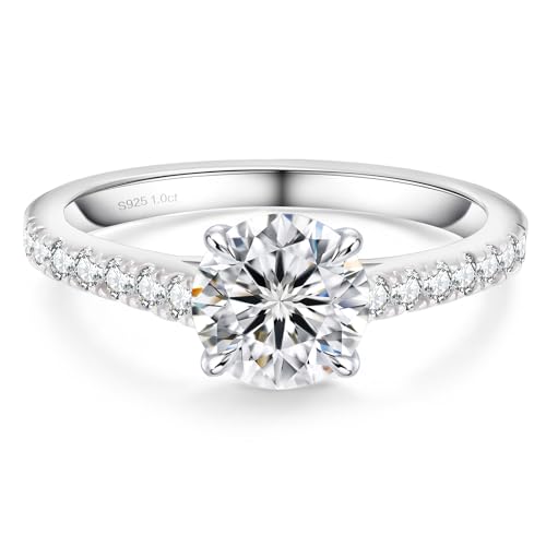 KRKC&CO Moissanite Rings for Women, Anniversary Bridal Promise Gift for Her, 925 Sterling Silver Moissanite Engagement Rings 1.0-3.0 CT, 4-Prong D Color VVS1 with White Gold Plated(Halo-1CT)