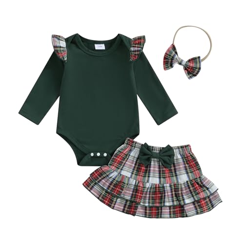 Image of Kuriozud Cute Newborn Baby Girl Fall Winter Outfit Long Sleeve Ruffle Romper Plaid Bow Skirt Set Headband 3 Piece Clothes