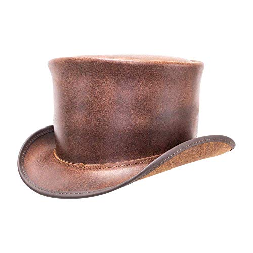American Hat Makers El Dorado Large Top Hat Genuine Leather Hat for Men & Women | Vintage Steampunk Style with Modern Edge | Perfect Costume Concert or Special Event Statement Accessory Brown
