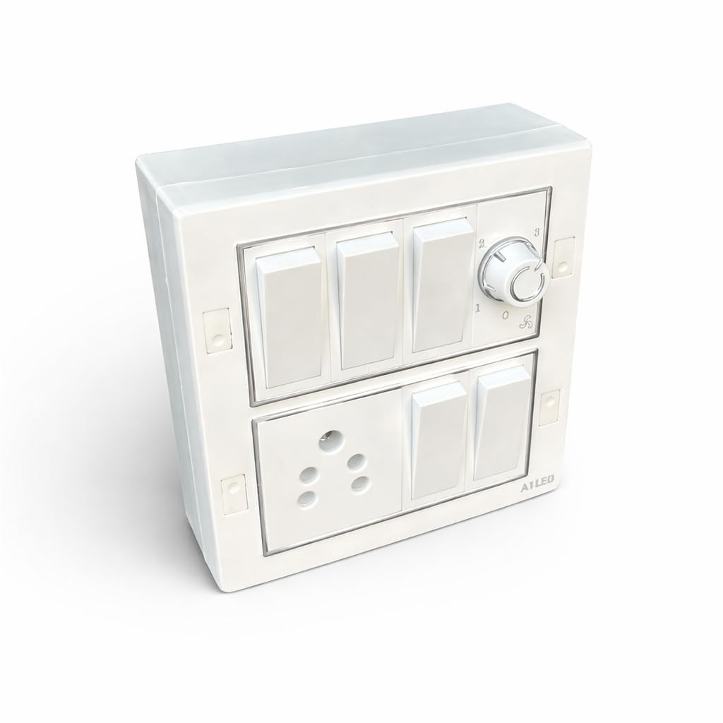 8-Way Square Modular Box with 5 Switches, 1 Socket, 1 Regulator, Wall Mount, White-image-8