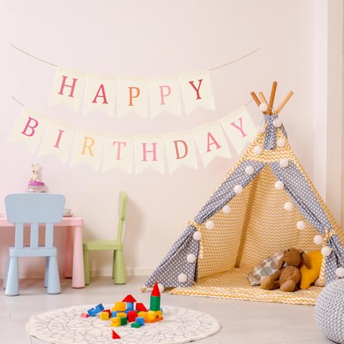 Image of Doumeny Happy Birthday Burlap Banner Boho Birthday Garland Bunting Ombre Pink Bohemian Party Garland Banner Multicolor Happy Birthday Sign Flag Birthdays Hanging Bunting for Home Wall Mantel Fireplace