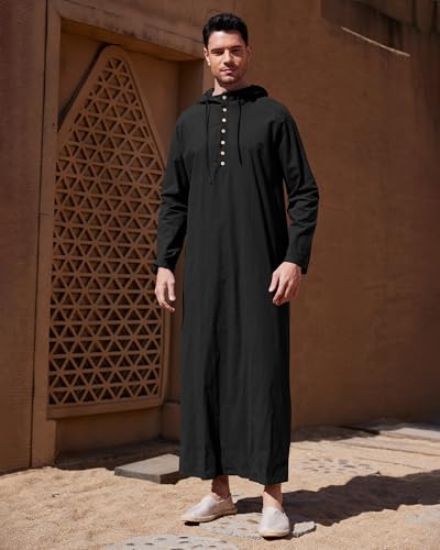 NANAMEEI Thobe for Men Linen Hooded Kaftan Big and Tall Arabic Thobe Caftan2