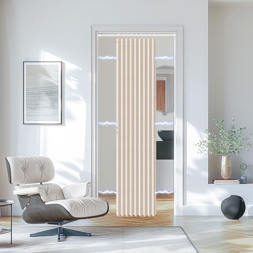 Image of Blackout Magnetic Door Curtain with Curtain Rods Adjustable 28-52 inch Long Accordion Door Closet Door Curtain Invisible Applicable Bedroom Room Living Room Doorway (1 Pack, 53 W x 78 L, Cream Yellow)