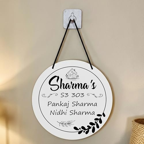 Image of P Arts Personalized Door Name Plate for Home Entrance Round Shaped 10x10 Inch Name plate for home entrance, Door name plates MDF Wood, Black & White (Engraved-02)