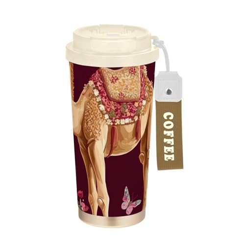 Vaso de café decorativo con tapa, diseño de caricatura, color camello borgoña, de acero inoxidable, para bebidas calientes y frías, con fugas de 17 onzas