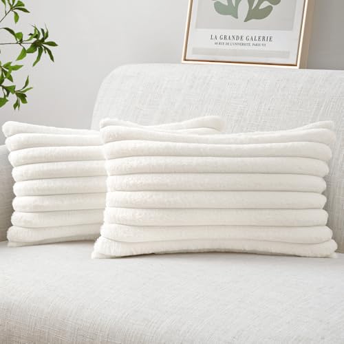 Image of MIULEE Faux Fur Lumbar Decorative Throw Pillow Covers 12x20 Set of 2 White | Modern Spring Home Decor Soft Plush Couch Pillows Cozy Fluffy Cushion Covers for Sofa Bed Living Room