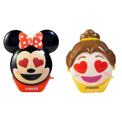 Lip Smacker Disney Minnie Mouse and Beauty And The Beast Belle Emoji Lip Balm Duo, Flavored Strawberry Lemonade, Bow-nade, 2 Pack