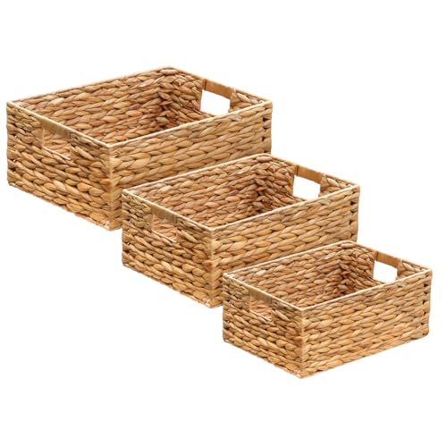 ZeeingHom 3 Pack Natural Water Hyacinth storage basket with Handle, Rectangular Wicker Basket for Organizing, Decorative Wicker Storage Basket for Living Room, 3 Mixed Sizes
