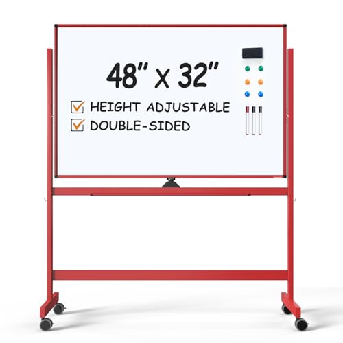 Image of TSJ OFFICE Large Rolling Whiteboard - Dry Erase Magnetic 48 x 32 Inches White Board Height Adjust Double Sides Mobile Portable Easel on Wheels, Dry Erase Board with Stand for Office, Home & Classroom