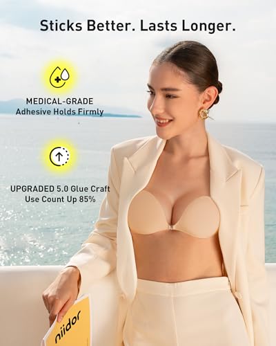 Niidor Adhesive Bra Strapless Sticky Invisible Push up Silicone Bra for Backless Dress with Nipple Covers Nude(B Cup)