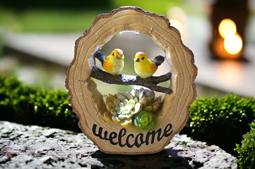 Arnusa Solar Gartenfigur Welcome Baumstamm mit Vögeln Schild Figur...