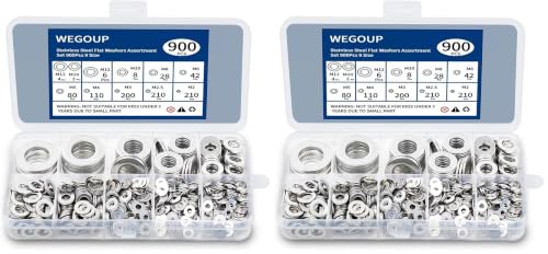 Image of WEGOUP 900 Pcs Stainless Steel Flat Washers for Screws, 304 Stainless Steel, Assorted Sizes (M2 M2.5 M3 M4 M5 M6 M8 M10 M12) for Industrial Use, Washers for Bolts (Pack of 2)