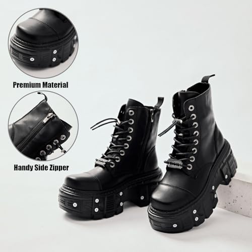 Women's Leather Rivets Punk Platform Heighten Combat Boots With Side Zipper Goth Lace Up Round Toe Block Chunky Heel Mid-Calf Booties For Motorcycle Riding2