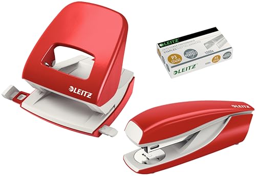 Leitz Büro Locher aus Metall, Für 30 Blatt, Anschlagschiene mit Formatangaben, Die Nummer 1 am Markt, Ergonomisches Design (Rot, Komplett-Set)