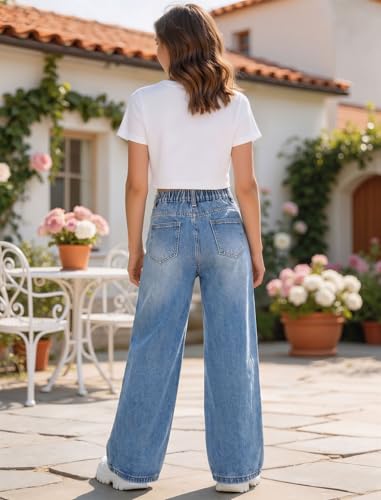 Image of Jeans for Girls Baggy Wide Leg Cute Bow High Elastic Waisted Denim Pants Y2K Boyfriend Skater Streetwear 7-14Y