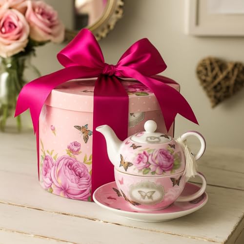 Miniatura 3 de London Boutique Juego De Taza De Té De Cerámica Para Una Tetera Con Diseño Vintage De Flores Y Lavanda Rosa Mariposa Rosa