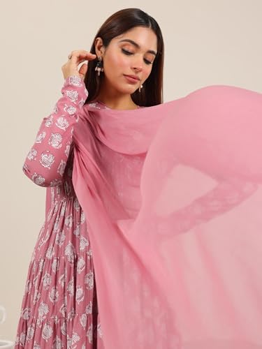 Image of Libas Printed Cotton A-Line Kurta With Churidar and Dupatta