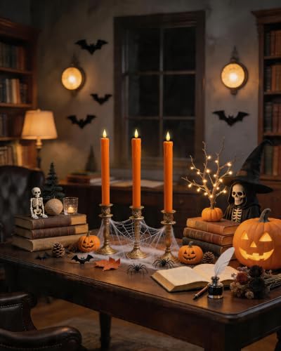 Image of Homemory Orange Flameless Taper Candles with Remote Timer, 9.6 Inch Real Wax Battery Operated Candlesticks, Flickering Warmer Light Led Tapered Candle 2 Pack for Halloween Home Decor
