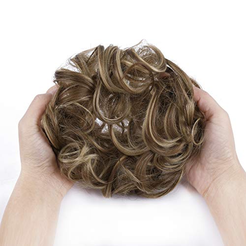 Girlshow Elastic Wave Curly Hair Buns Chignons Hair Scrunchy Extensions Wrap Ponytail Updos Tousled Bun Hairpieces For Women Girls (Ash Blonde & Medium Golden Brown Mixed -#60) #TOP5