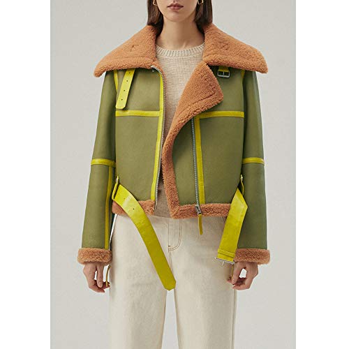 Denny&Dora 2020 New Womens Shearling Coat Short Leather Jacket Winter Fur Coat Motorcycle Jacket (Green, X-Large) #TOP1