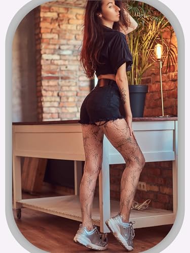 Image of Ramede 6 Pairs Women Fishnet Tights Thigh High Waist Bow Stockings Patterned Lace Fishnet Leggings Pantyhose for Halloween