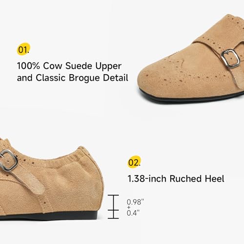 Image of BEAU TODAY Womens Leather Loafers, Monk Platform Loafer Shoes | Cowhide, Brogue Wingtip, Slip-on, Chunky Heel, Comfortable, Non-slip Durable, Business Casual Office Dress Shoes