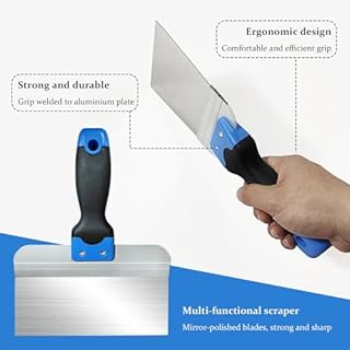 Set Spatola e Levigatura, Spatola per Superfici in Acciaio Inox 20.3 × 13.1 cm + Levigatrice Manuale in Ferro + 30 Fogli Carta Vetrata per Muro, per Applicare, Stuccare, Levigare Cartongesso (Argento)