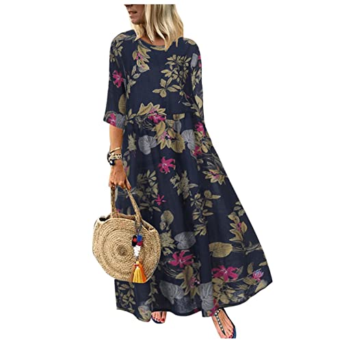 FUPODD Italienische Kleider Damen Halbarm Leinenkleider Elegant Maxikleider Sommer Leichte Sommerkleider Boho-Kleid Blumen Vintage Strandkleid Lang...