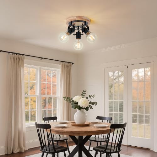 Image of Farmhouse Flush Mount Ceiling Light with Natural Wood Base, Industrial Black Metal Semi Flush Mount Light Fixture, E26 Socket, Rustic Close to Ceiling Lamp for Hallway Entryway Kitchen Bedroom
