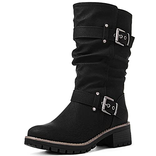 GLOBALWIN Women's Mid Calf Dress Boots Biker Motorcycle Riding Boots Women For...