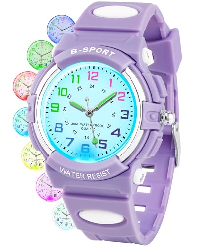 DTKID Kids Watches for Boys and Girls, 7 Colour Lights Waterproof Outdoor Sports Boys Watch, Analogue Quartz Childrens Watch with Soft Strap Watches for Kids Ages 5-16