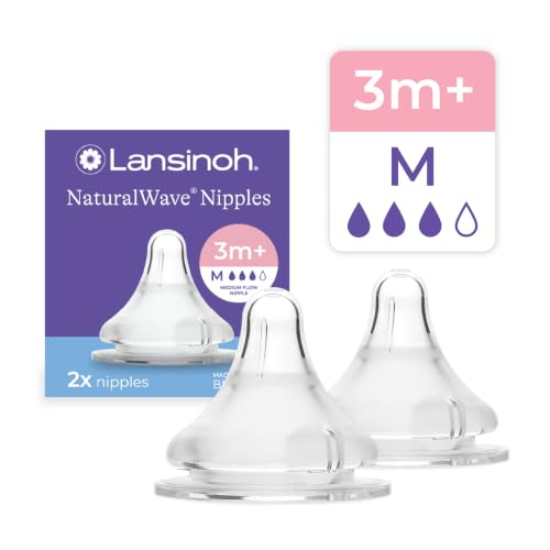 Image of Lansinoh NaturalWave Baby Bottle Nipples, Medium Flow (M), 2 Count | 3-6 Months, 100% Soft, Durable Silicone, Made without BPA BPS, Anti-Colic, Supports Baby's Developing Mouth and Teeth