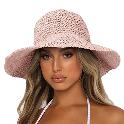Sydbecs Women's Sun Hats Wide Brim Summer Beach Hat for Women Foldable Travel Straw Hat UPF50+ (Pink)