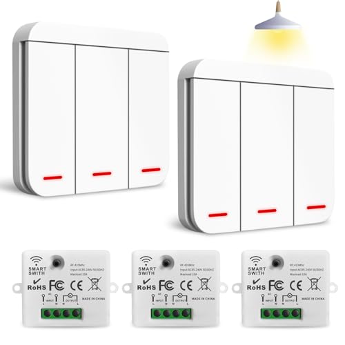Interruttore senza fili 230 V, senza foratura o lavori elettrici, interruttori telecomandati per lampada camera da letto, soggiorno, scala, esterno (3 ricevitori + 2 interruttori)