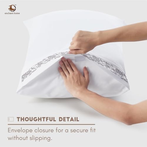 Image of Pure Cotton 500 TC Bag Type Pillow Cover Set | Greek Embroidered Pillow Cover Set | Percale Weave | 18 X 27 Inches (2, Silver Blossom)