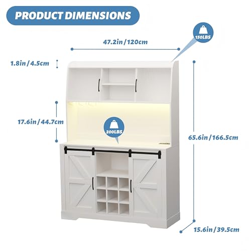 Coffee-Bar-Cabinet-with-Charging-Station-LED-Light-Farmhouse-Kitchen-Hutch-with-Acrylic-Doors-Tall-Bar-Cabinet-with-Wine-Glasses-Rack-Coffee-Bar-Storage-Cabinet-White Coffee Bar Cabinet with Charging Station LED Light Farmhouse Kitchen Hutch with Acrylic Doors Tall Bar Cabinet with Wine Glasses Rack Coffee Bar Storage Cabinet White
