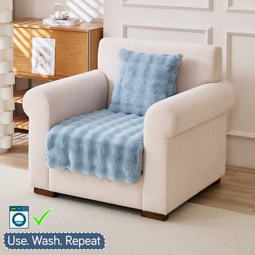 Image of HOKIPO 'FurHug' Luxury Faux Rabbit Fur Anti Slip Sofa Mat for 1 Seater, Charm Blue (AR-5010-BL*1)