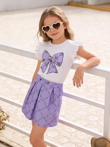 Image of Azmxynol Toddler Girls Clothes Cap Sleeve T-Shirt + Bowknot Print 2pcs Summer Shorts Outfit Set For Girls, Size 4-8 Years