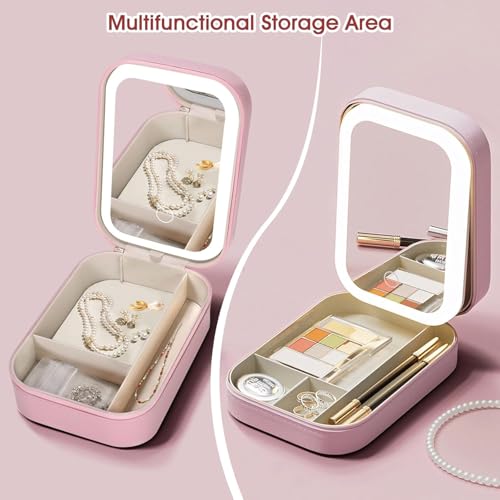 Image of LED Lighted Makeup Mirror Jewelry Box - Portable 2-in-1 Travel Organizer with Adjustable Lighting, Cosmetic Storage & Rechargeable Battery - Compact Vanity Mirror for Women (Pink Led Mirror)