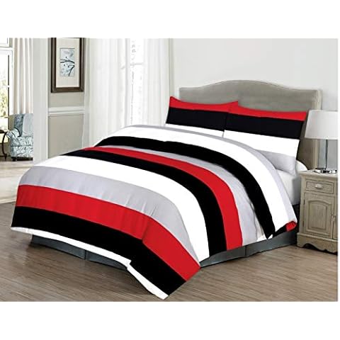 RayyanLinen STRIPES WHITE GREY BLACK RED PRINTED DUVET COVER BEDDING SET WITH PILLOWCASES (KING) Cover