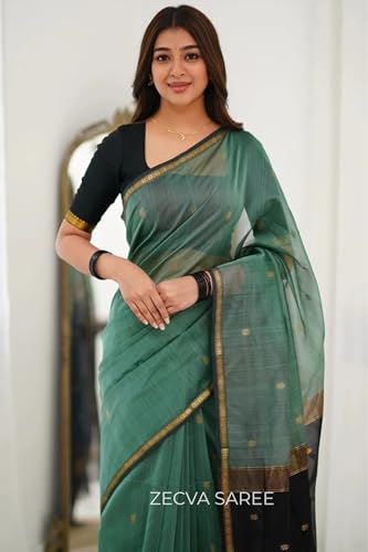Image of ZECVA Women's Pure Soft Spun Cotton Lichi Silk Saree For Women With Attach Unstitch Blouse Piece