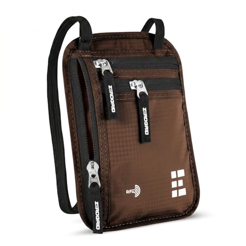 Image of Neck Wallet for Travel & Passport Holder with RFID Blocking - Slim & Easy to Conceal Nylon Travel Pouch for men & women - Holds Phone, Cash, Cards, Keys - Sweat & Water Resistant - Large - Brown