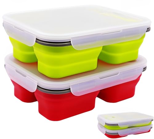 FUSMYE 2 Pack Big Size Collapsible Silicone Bento Lunch Boxes With Lids,3 Compartments Lunch Food Storage Containers, Safe in Microwave, Dishwasher and Freezer, 45.6oz, BPA Free