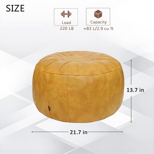 Thgonwid Unstuffed Moroccan Storage Pouf Foot Stool Ottoman Seat Handmade Faux Leather Bean Bag Floor Chair Foot Rest for Living Room, Bedroom or Balcony (Yellow)